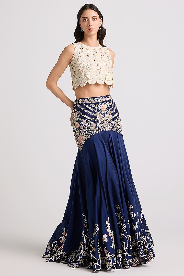 Indigo Chanderi Beadwork Wedding Lehenga by Chandrima at Pernia's Pop Up Shop
