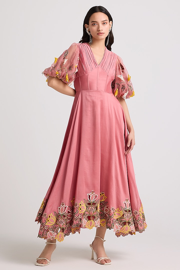 Blush Chanderi Floral Cutwork Midi Corset Dress by Chandrima