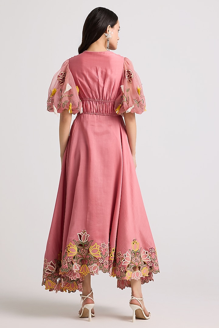Blush Chanderi Floral Cutwork Midi Corset Cocktail Dress by Chandrima at Pernia's Pop Up Shop