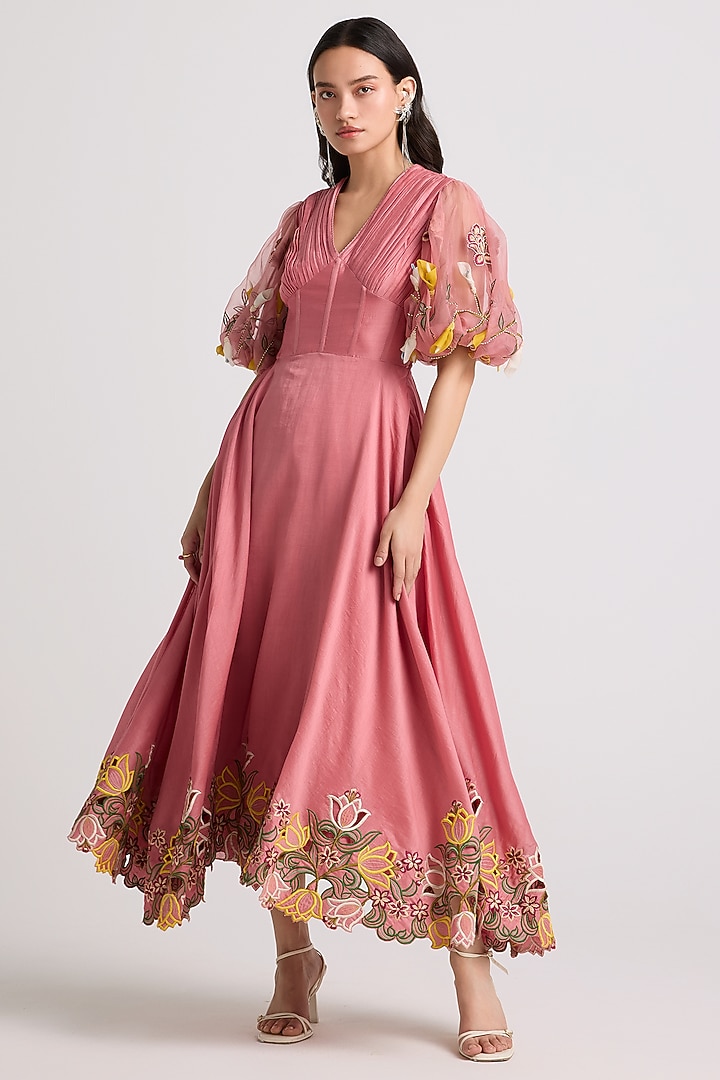 Blush Chanderi Floral Cutwork Midi Corset Cocktail Dress by Chandrima at Pernia's Pop Up Shop