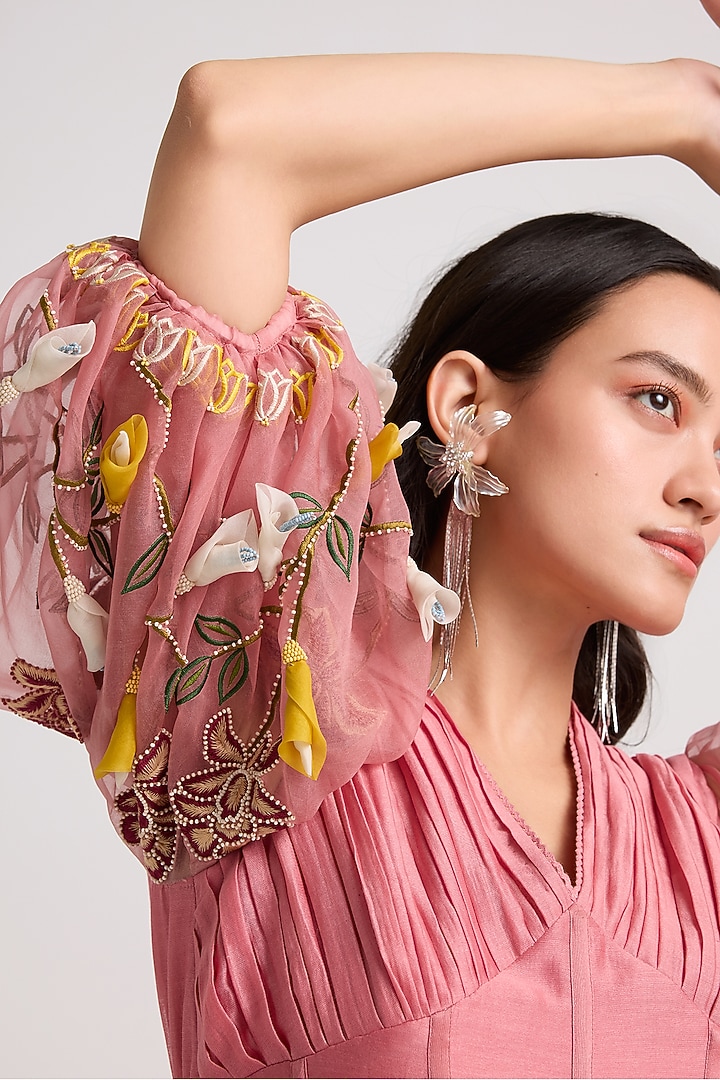 Blush Chanderi Floral Cutwork Midi Corset Cocktail Dress by Chandrima at Pernia's Pop Up Shop