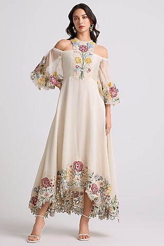 Ivory Chanderi Threadwork Midi Corset Dress by Chandrima