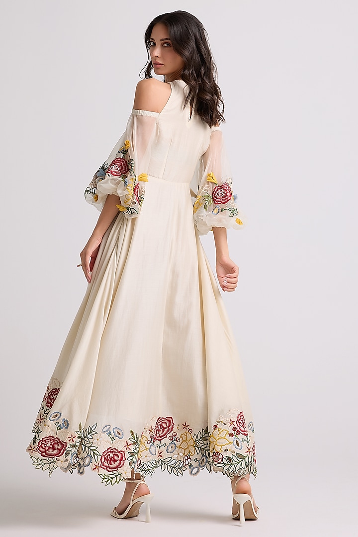 Ivory Chanderi Threadwork Midi Corset Cocktail Dress by Chandrima at Pernia's Pop Up Shop