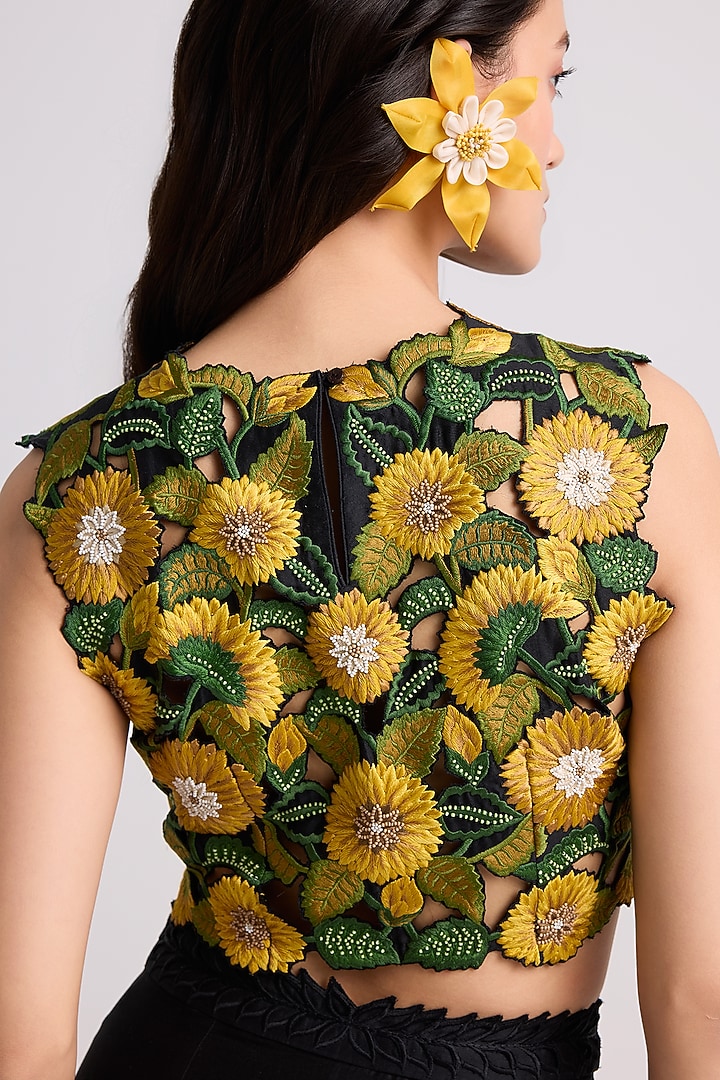 Black Chanderi Thread Work Crop Top by Chandrima at Pernia's Pop Up Shop