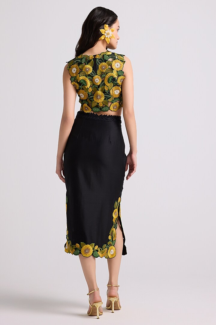 Black Chanderi Thread Work Crop Top by Chandrima at Pernia's Pop Up Shop