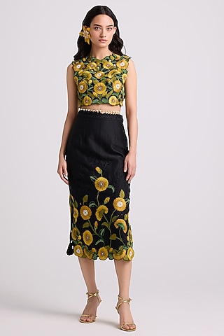 Black Chanderi Thread Work Skirt by Chandrima
