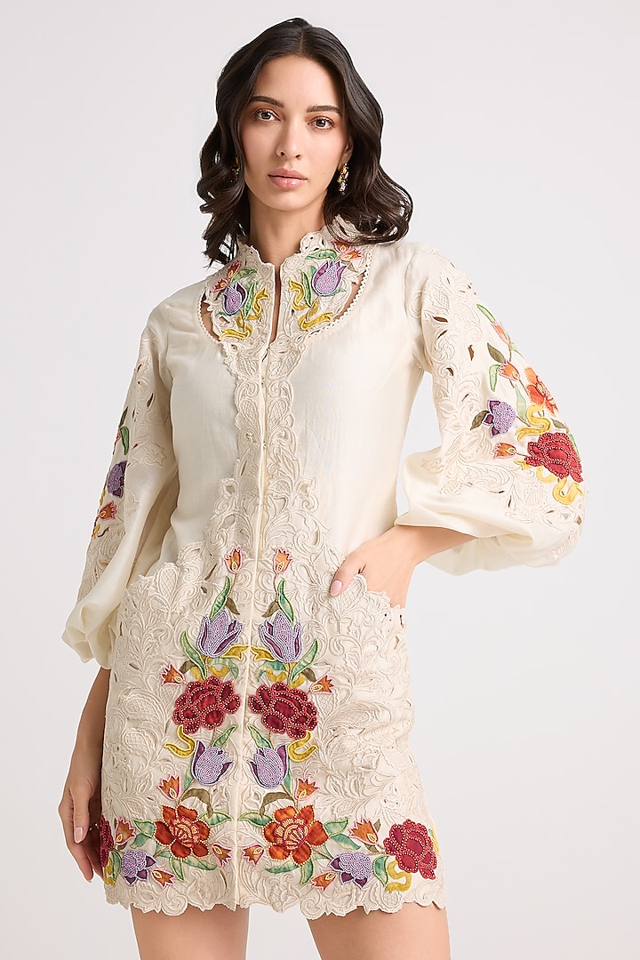 Ivory Chanderi Applique & Bead Work Mini Dress by Chandrima at Pernia's Pop Up Shop