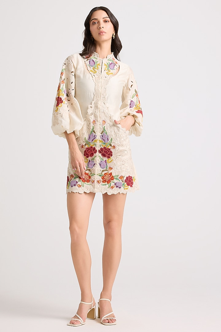 Ivory Chanderi Applique & Bead Work Mini Cocktail Dress by Chandrima at Pernia's Pop Up Shop
