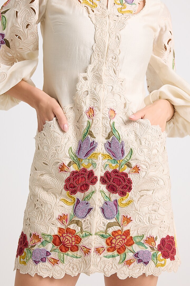 Ivory Chanderi Applique & Bead Work Mini Cocktail Dress by Chandrima at Pernia's Pop Up Shop