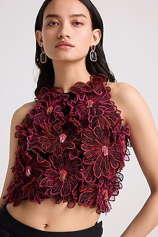 Black Chanderi 3D Floral Applique Work Top by Chandrima