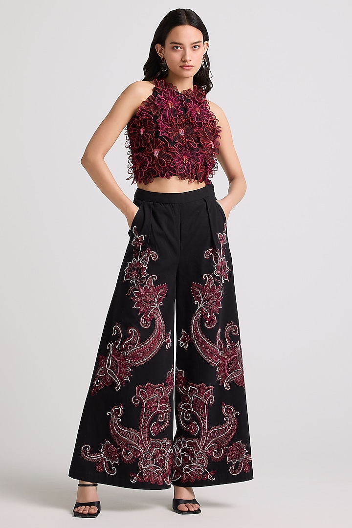 Black Chanderi 3D Floral Applique Work Top by Chandrima at Pernia's Pop Up Shop