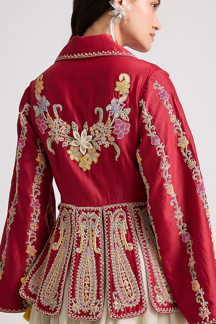 Red Chanderi 3D Floral Applique Work Jacket by Chandrima at Pernia's Pop Up Shop