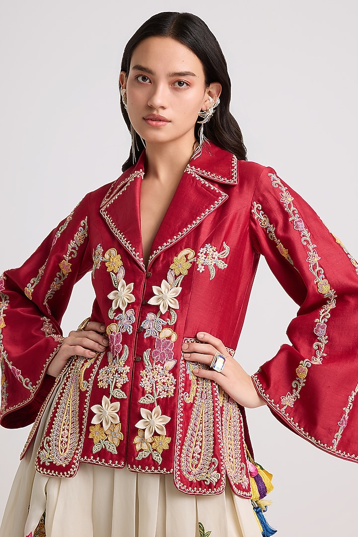 Red Chanderi 3D Floral Applique Work Jacket by Chandrima at Pernia's Pop Up Shop