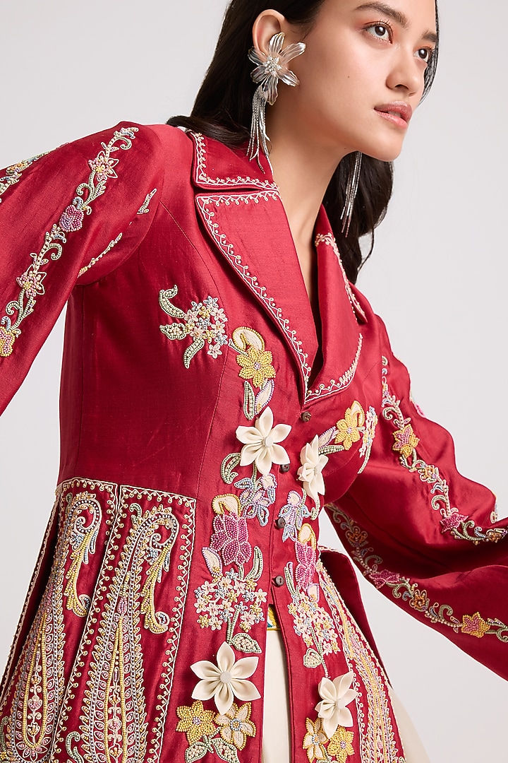 Red Chanderi 3D Floral Applique Work Jacket by Chandrima at Pernia's Pop Up Shop