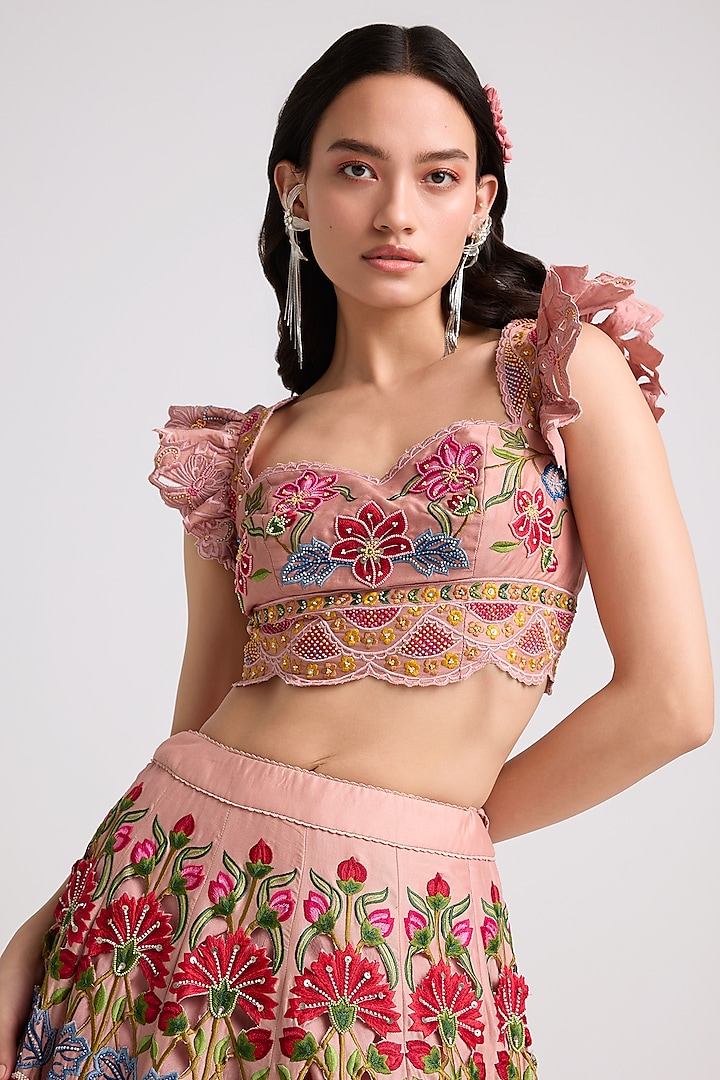 Soft Pink Chanderi Floral Thread Work Bustier by Chandrima