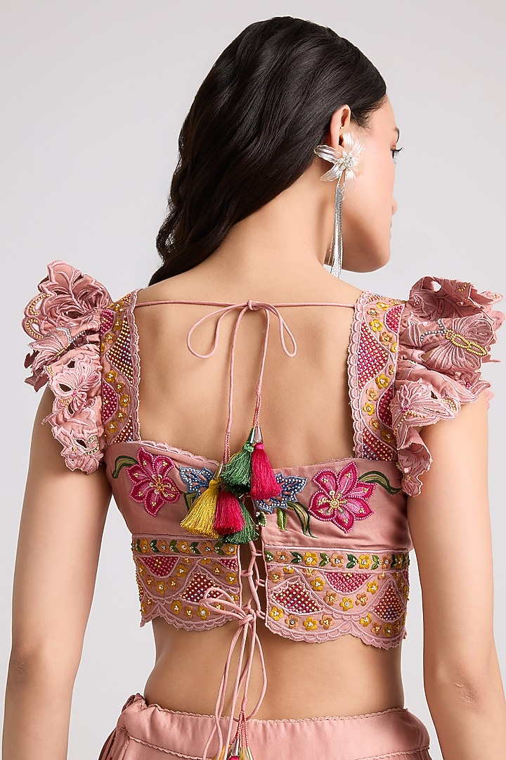 Soft Pink Chanderi Floral Thread Work Bustier by Chandrima at Pernia's Pop Up Shop