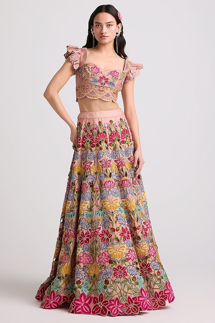 Soft Pink Chanderi Floral Thread Work Bustier by Chandrima at Pernia's Pop Up Shop