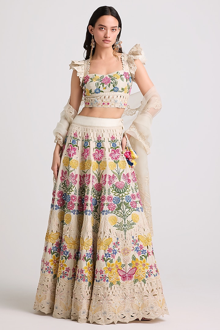 Ivory Chanderi Floral Thread Work Bustier by Chandrima at Pernia's Pop Up Shop