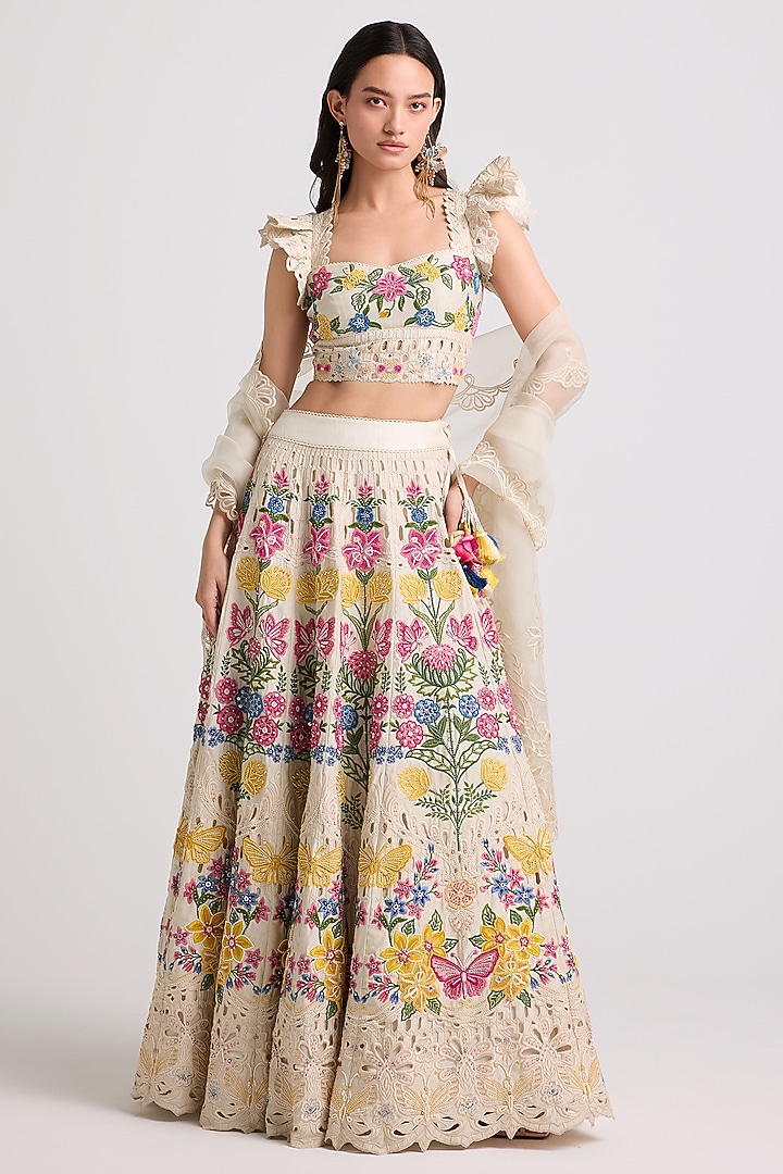 Ivory Chanderi Floral Thread Work Wedding Lehenga by Chandrima at Pernia's Pop Up Shop
