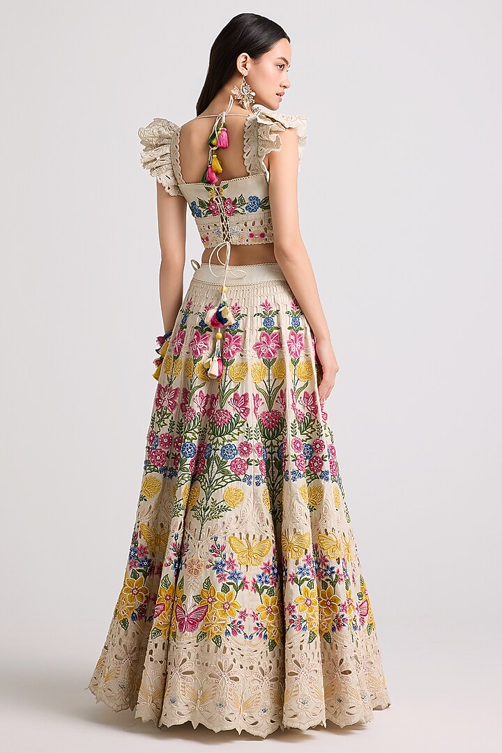Ivory Chanderi Floral Thread Work Wedding Lehenga by Chandrima at Pernia's Pop Up Shop