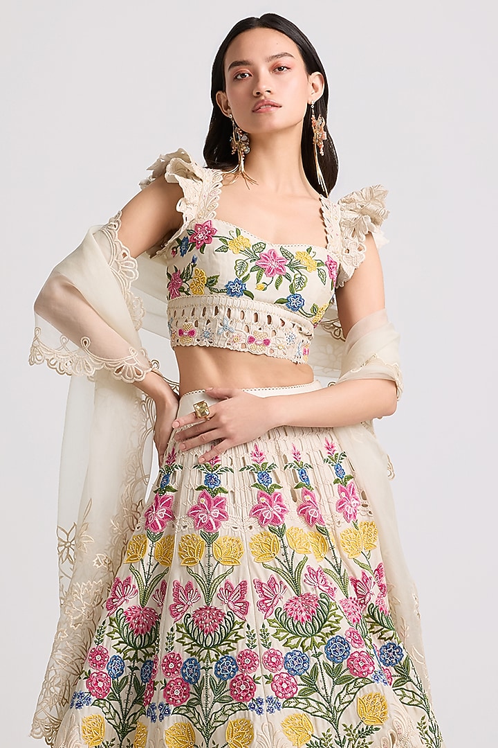 Ivory Chanderi Floral Thread Work Wedding Lehenga by Chandrima at Pernia's Pop Up Shop