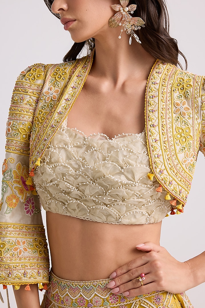 Ivory Chanderi Bead Work Bolero Jacket by Chandrima at Pernia's Pop Up Shop