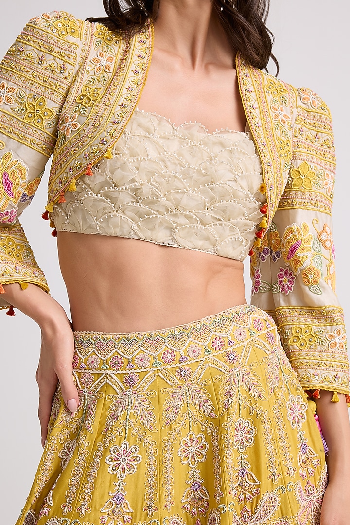 Ivory Chanderi Bead Work Bolero Jacket by Chandrima at Pernia's Pop Up Shop