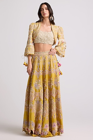 Yellow Chanderi Bead Work Lehenga by Chandrima