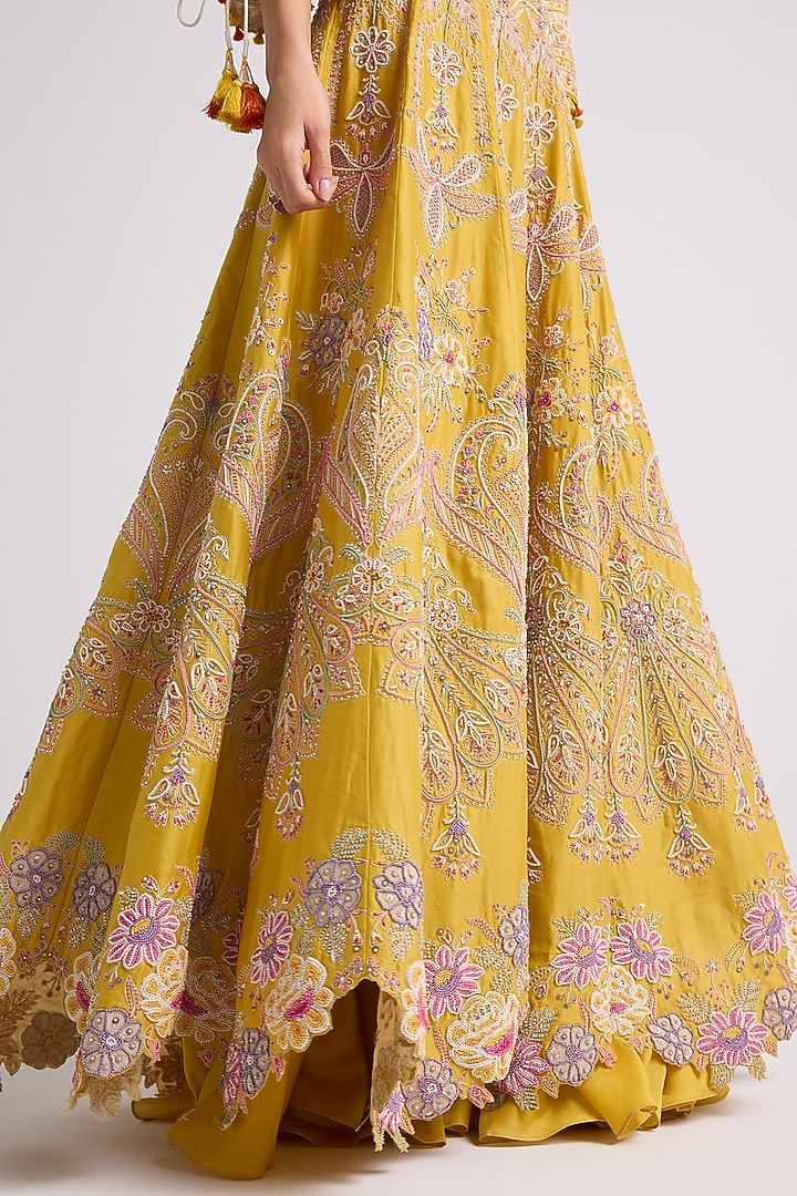 Yellow Chanderi Bead Work Wedding Lehenga by Chandrima at Pernia's Pop Up Shop