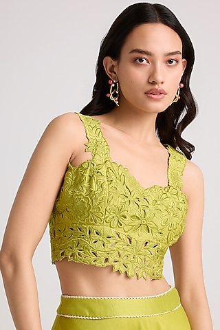 Lime Green Chanderi Cutwork Bustier by Chandrima