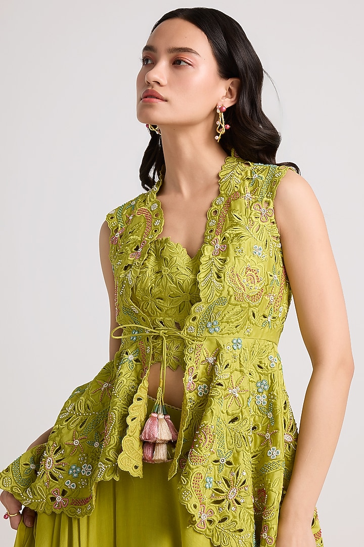 Lime Green Chanderi Cutwork Bustier by Chandrima at Pernia's Pop Up Shop
