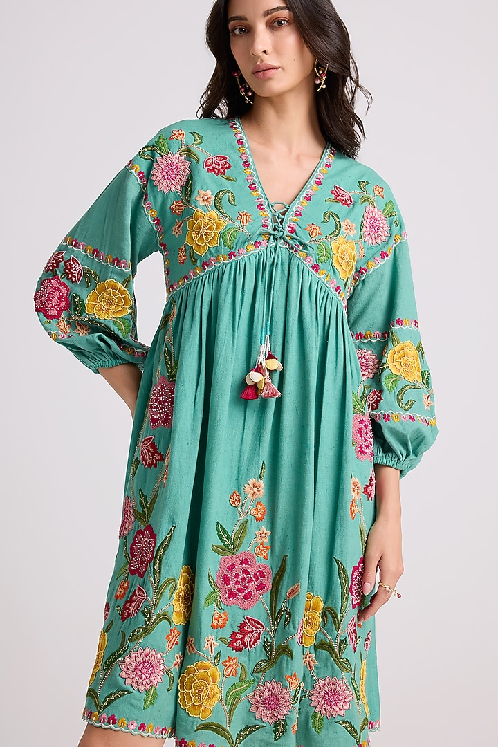 Aqua Kala Cotton Floral Thread Work Gathered Cocktail Dress by Chandrima at Pernia's Pop Up Shop