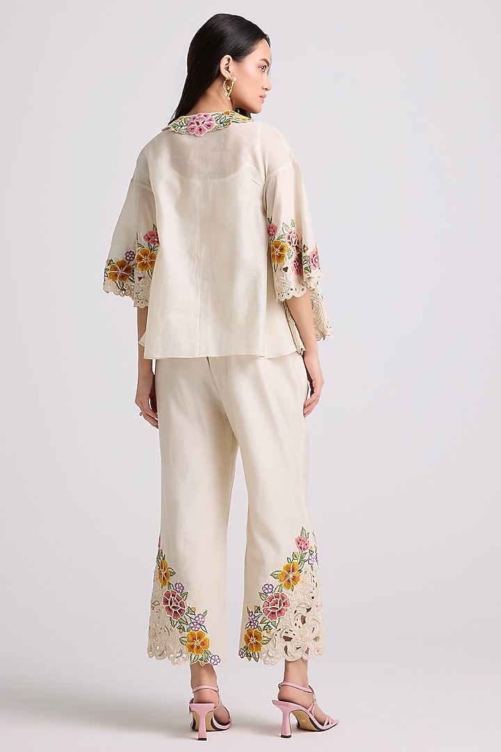 Ivory Chanderi Floral Cutwork Shirt by Chandrima at Pernia's Pop Up Shop