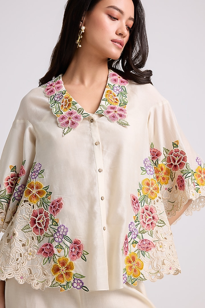 Ivory Chanderi Floral Cutwork Shirt by Chandrima at Pernia's Pop Up Shop