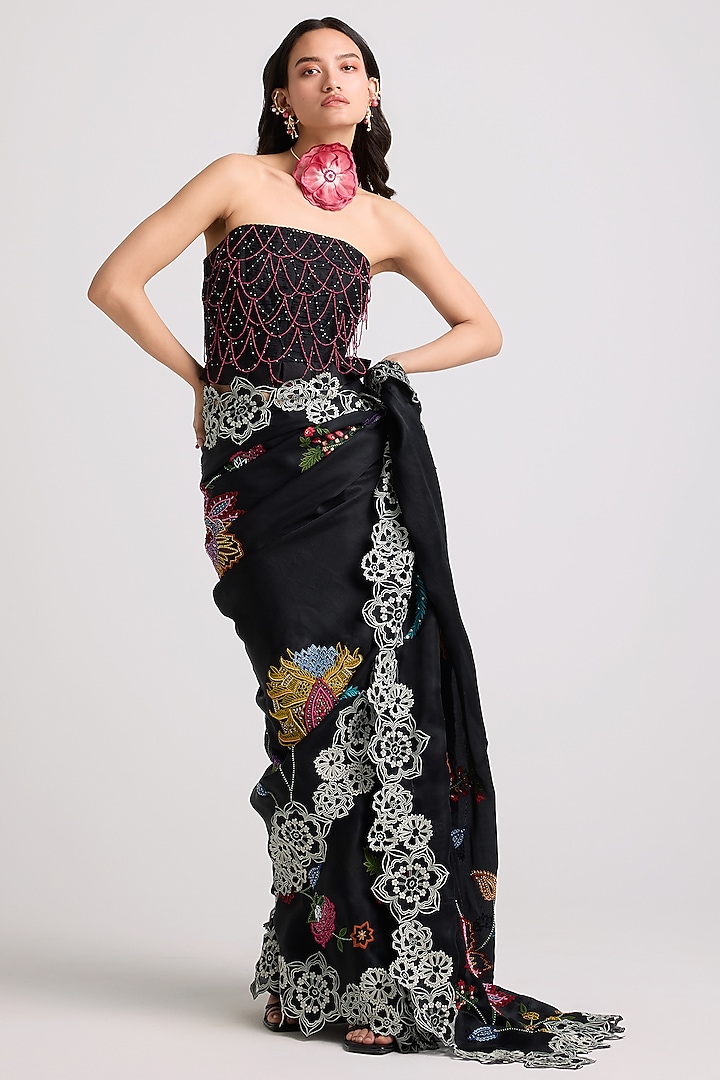 Black Chanderi Bead Work Corset Top by Chandrima at Pernia's Pop Up Shop
