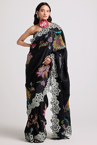 Buy Black Net Saree Floral Diamond Work Online