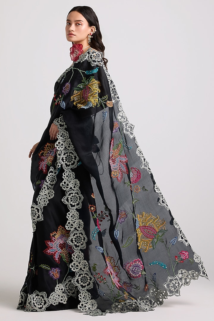 Black Silk Organza Thread Work Wedding Saree by Chandrima at Pernia's Pop Up Shop