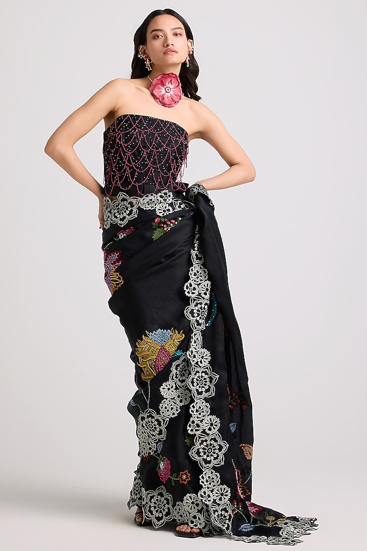 Black Silk Organza Thread Work Wedding Saree by Chandrima at Pernia's Pop Up Shop