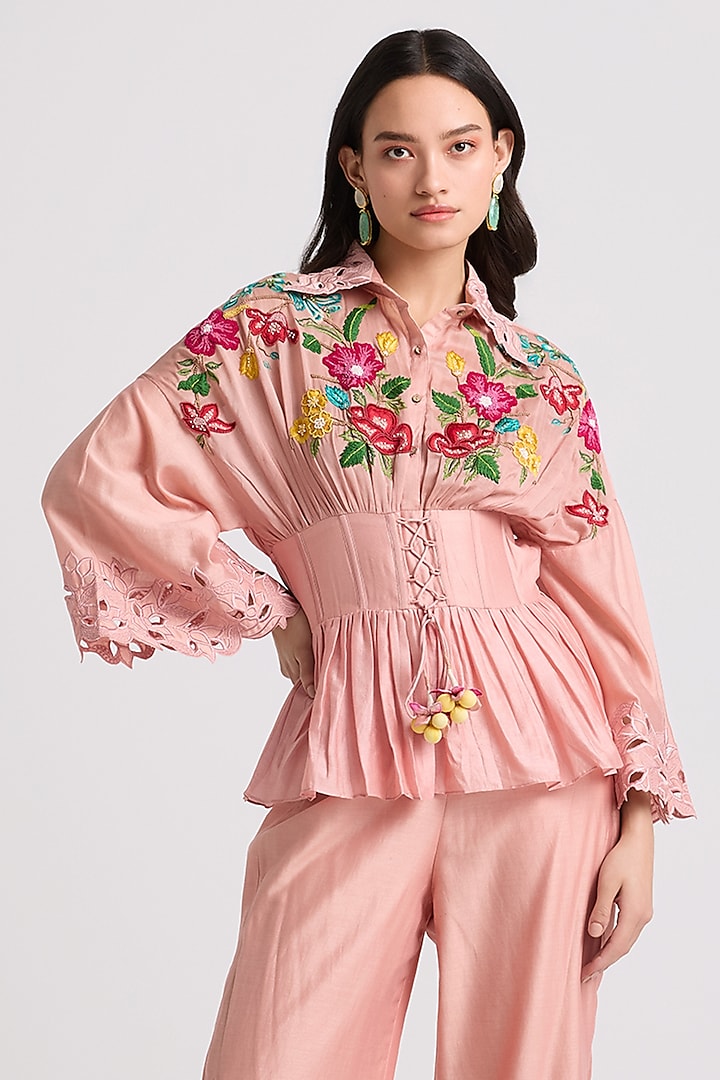 Soft Pink Chanderi Thread & Cutdana Embroidered Corset Shirt by Chandrima