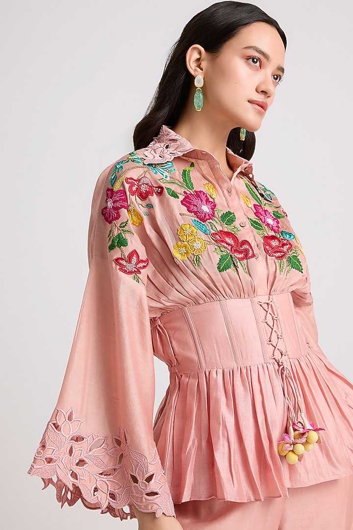 Soft Pink Chanderi Thread & Cutdana Embroidered Corset Shirt by Chandrima at Pernia's Pop Up Shop