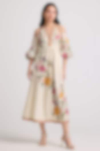 Ivory Chanderi Thread & Beadwork Midi Dress by Chandrima