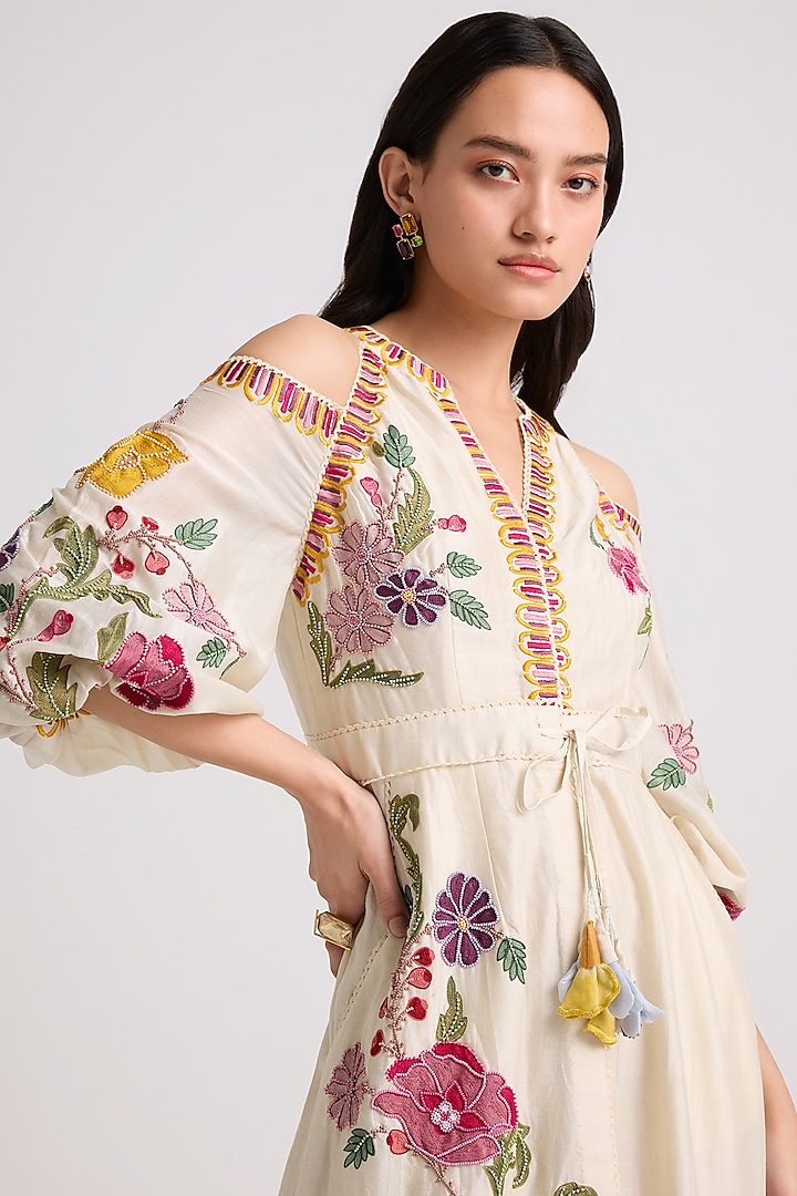 Ivory Chanderi Thread & Beadwork Midi Cocktail Dress by Chandrima at Pernia's Pop Up Shop