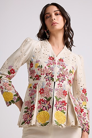 Ivory Chanderi Thread & Beadwork Pleated Jacket by Chandrima