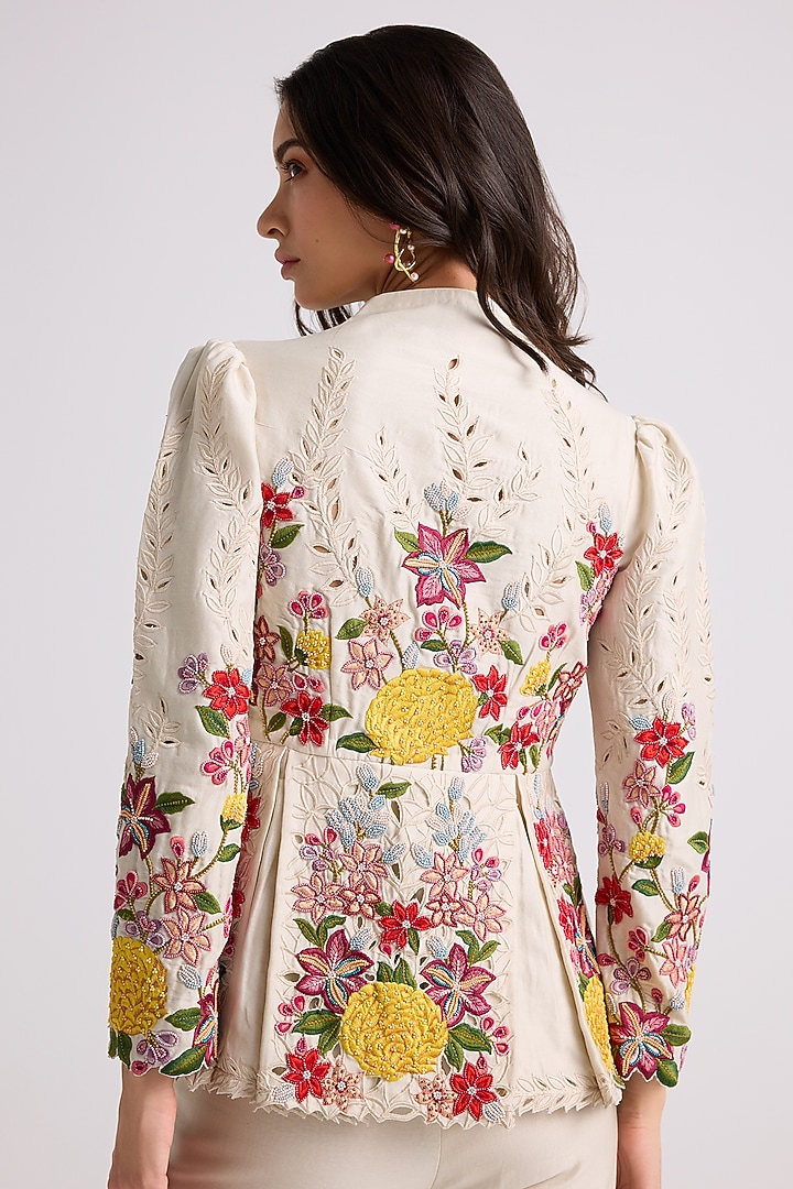 Ivory Chanderi Thread & Beadwork Pleated Jacket by Chandrima at Pernia's Pop Up Shop