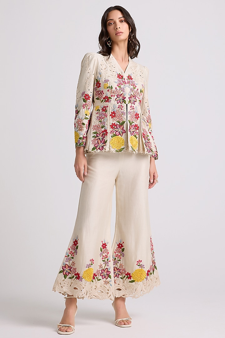 Ivory Chanderi Thread & Beadwork Pleated Jacket by Chandrima at Pernia's Pop Up Shop