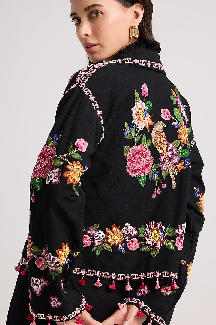 Black Kala Cotton Thread & Beadwork Short Jacket by Chandrima at Pernia's Pop Up Shop