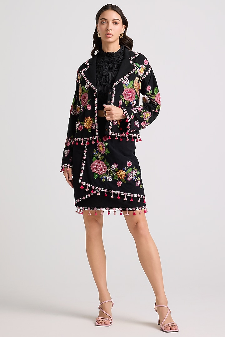 Black Kala Cotton Thread & Beadwork Short Jacket by Chandrima at Pernia's Pop Up Shop