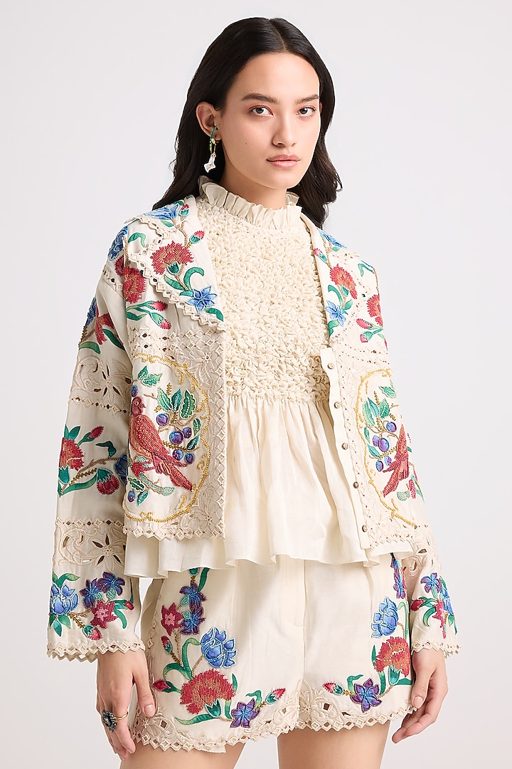 Ivory Chanderi Floral Applique Jacket by Chandrima