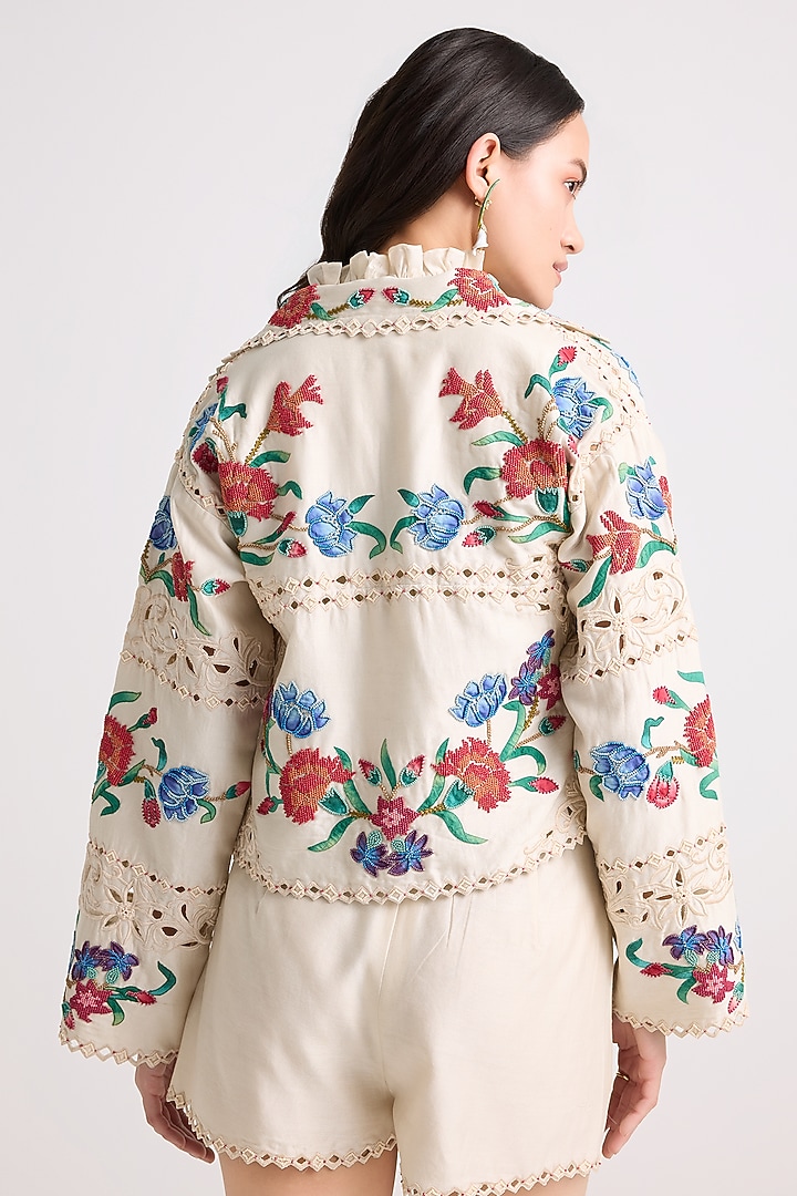 Ivory Chanderi Floral Applique Jacket by Chandrima at Pernia's Pop Up Shop
