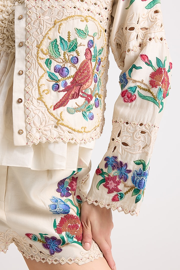 Ivory Chanderi Floral Applique Jacket by Chandrima at Pernia's Pop Up Shop